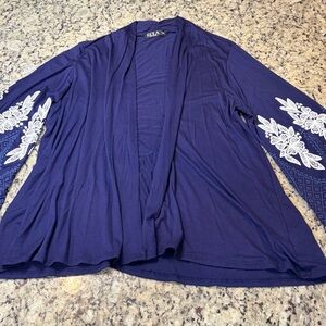 Ecla Women's Boho Blue Open Cardigan with White Accented Bell Sleeves